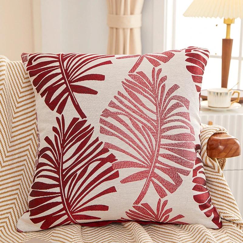 45X45Cm Throw Pillow Case Leaf Pattern Square Decorative Embroidery Jacquard Cushion Cover For Farmhouse Home Holiday Decor Blue