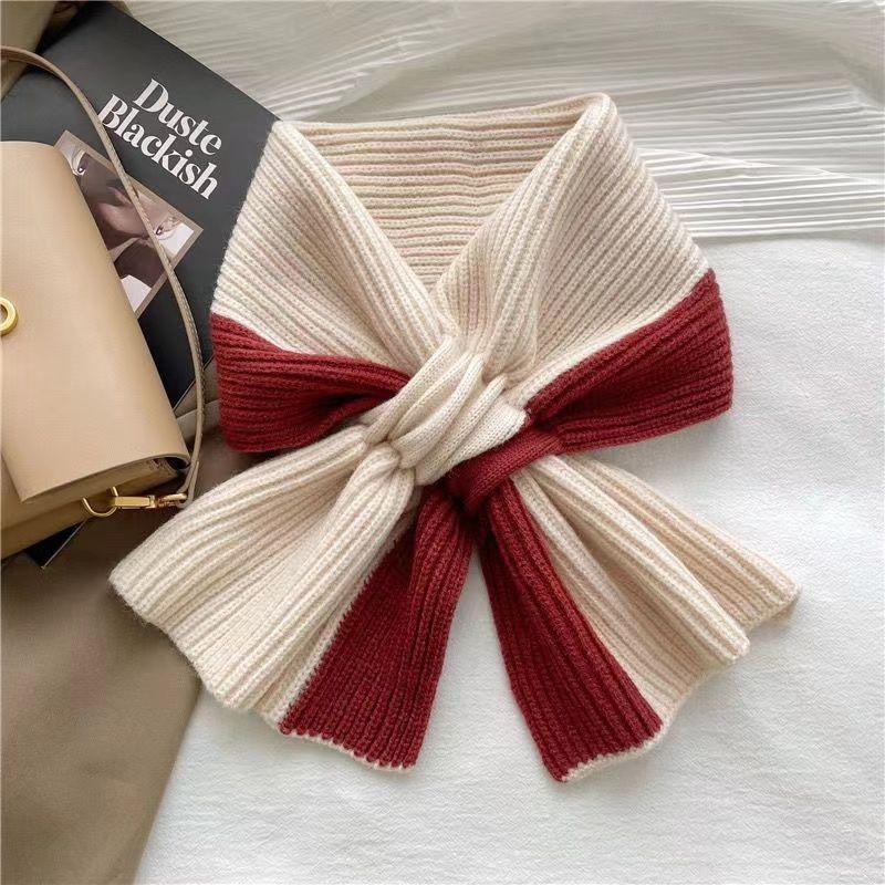 Japanese Scarf Women's Short Autumn/Winter Cross Knitted Scarf Korean Edition Color Blocked Versatile Winter Warm Neck Protection Internet Red Trend