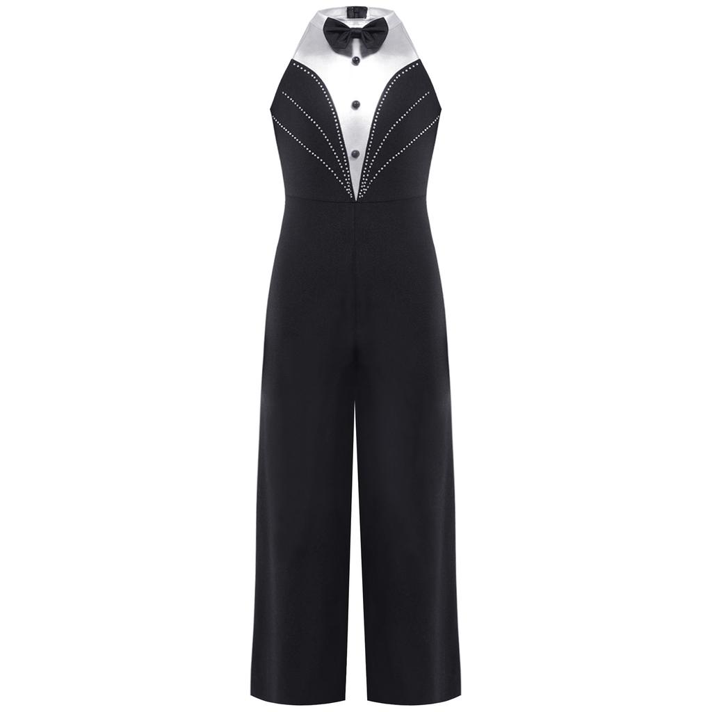 Kids Girls Sparkly Dance Jumpsuit Metallic Patchwork Rhinestone Color Block Design Sleeveless Stage Wear