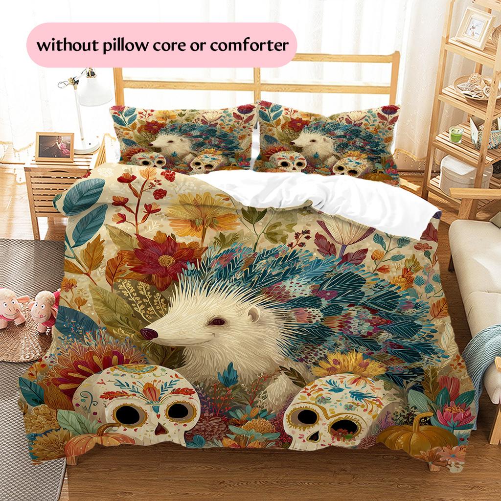Leaf Hedgehog Pattern Bedding Quilt Set Home Decoration Gift (1 * duvet cover + 2 * pillowcase without core)