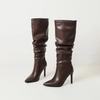 Fashion New Black Brown Pleated Lazy Long Boots European American Style 10cm High-heeled Pointed Autumn Winter Women Knee High Boots 43