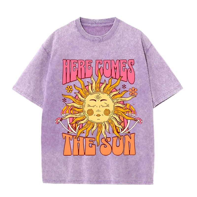 Винтажная черная футболка "Here Comes The Sun" Ретро Психоделическое Солнце Кислотная стирка