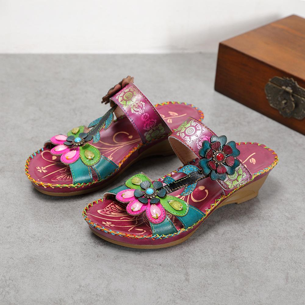 Johnature Тапочки, женская обувь, летние шлепанцы из натуральной кожи с ручной росписью, лаконичные женские тапочки ручной работы