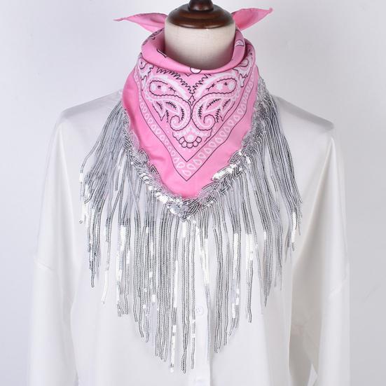 Sequins Scarf Exquisite Pattern Tassel Design Non-Fading Washable Quick Dry Decorative Polyester Women Beautiful Fringed Bandana Headscarf for Party