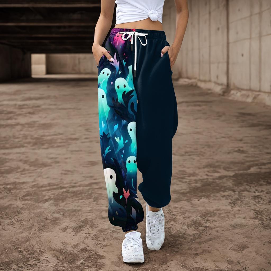 Женские повседневные брюки с принтом на Хэллоуин, эластичные брюки с завязками на талии