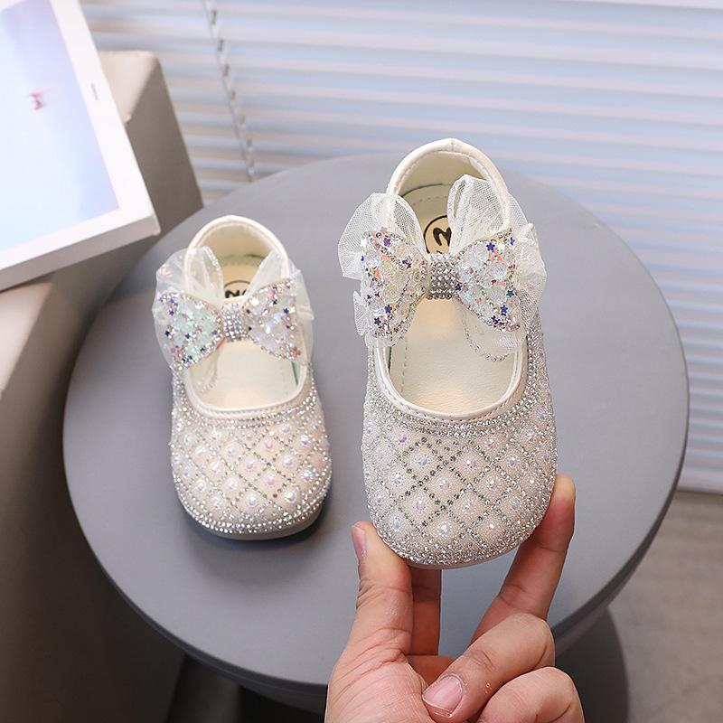 Spring Autumn Girls Leather Shoes Princess Party Rhinestone Ribbons Shoes Fashion Children Performance Wedding Shoes I07307