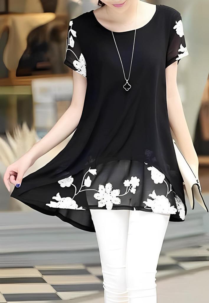 Simple Layered Floral Tunic Layered Short Sleeve Ruffle Top Tiered Cuff Sleeve Chiffon Flounce Ruffle Straight Flower Hanagara Embroidery Russell Lace