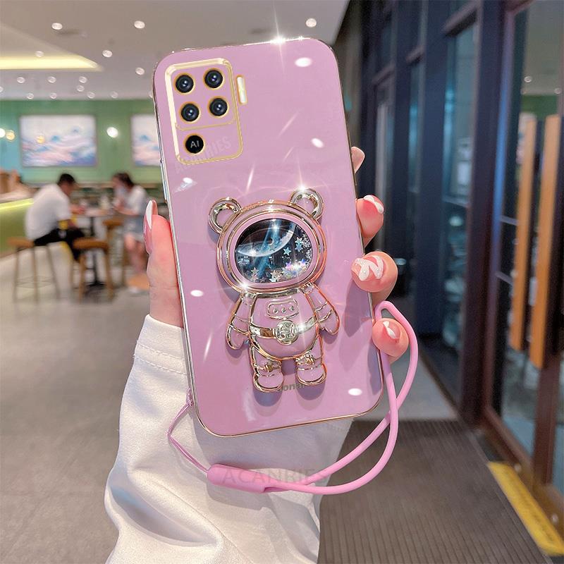 Чехол Reno5lite Glitter Astronaut Holder с покрытием из силикона для Oppo Reno 5 6 7 8 Lite 5lite 8t Reno7 A54 A74 4g 5g с ремешком