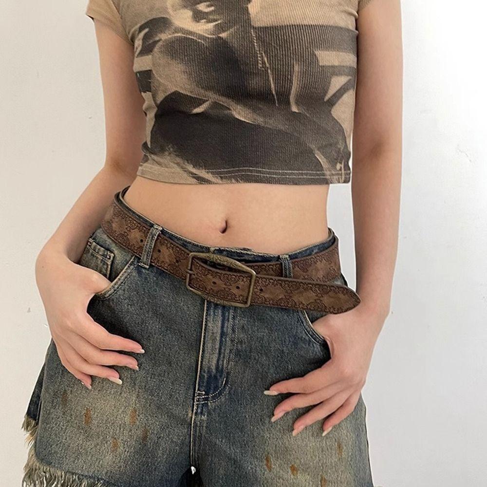 Vintage Printed Ethnic Style Belt Y2k Pants Decorative Gothic PU Leather Belt Female