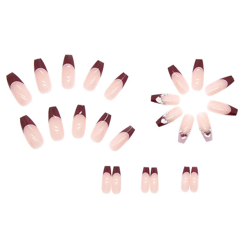 Wearing Armor Summer Long Diamond Nail Piece Powder Through Love Drip Diamond Jujube Red French Edge Finished Product Can Be