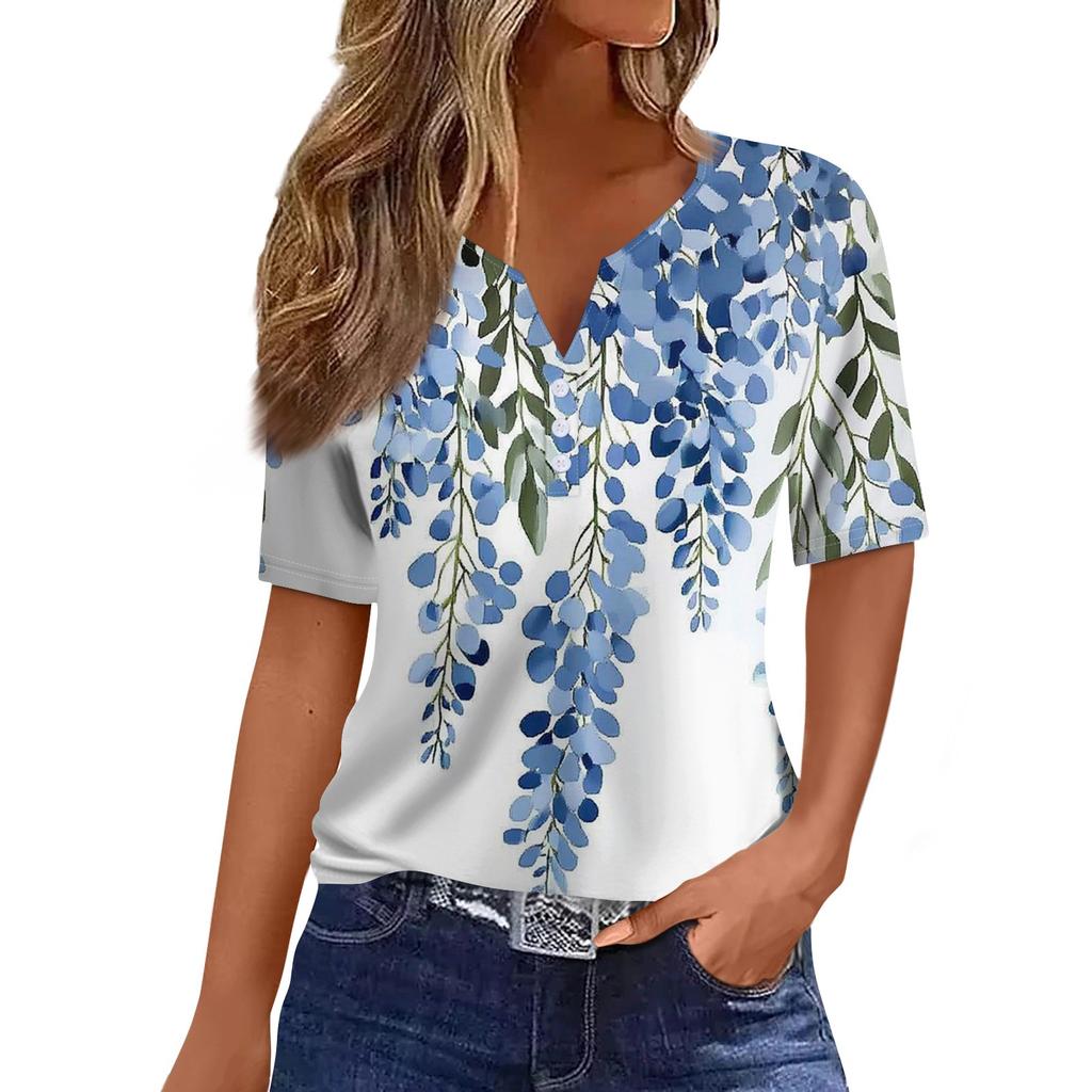 Жен. Футболка Футболка С принтом Пуговицы С короткими рукавами Повседневные Выходные Мода Классический V-образный вырез Обычный Верх