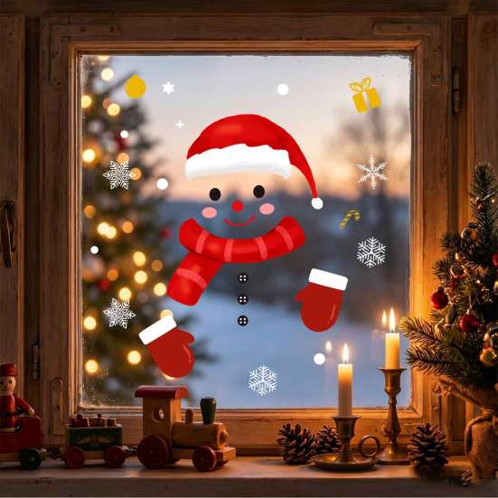 Creative Holiday Gifts Christmas Static Window Clings, Smiling Snowman Decals with Snowflake Transparent Film Patterns, Waterproof PVC Glass