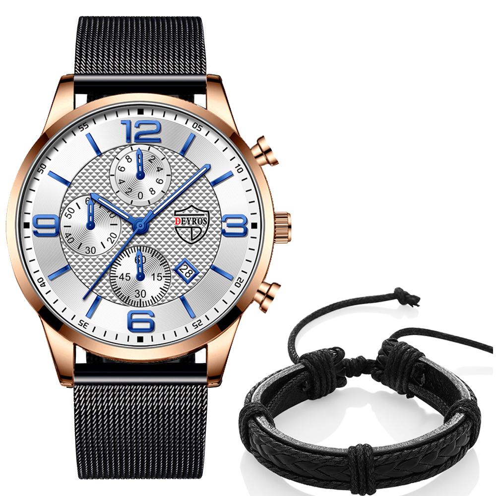 Модные черные мужские часы из нержавеющей стали, кварцевые наручные часы с календарем, роскошные мужские часы с круглым циферблатом, аналоговые часы, браслет, набор