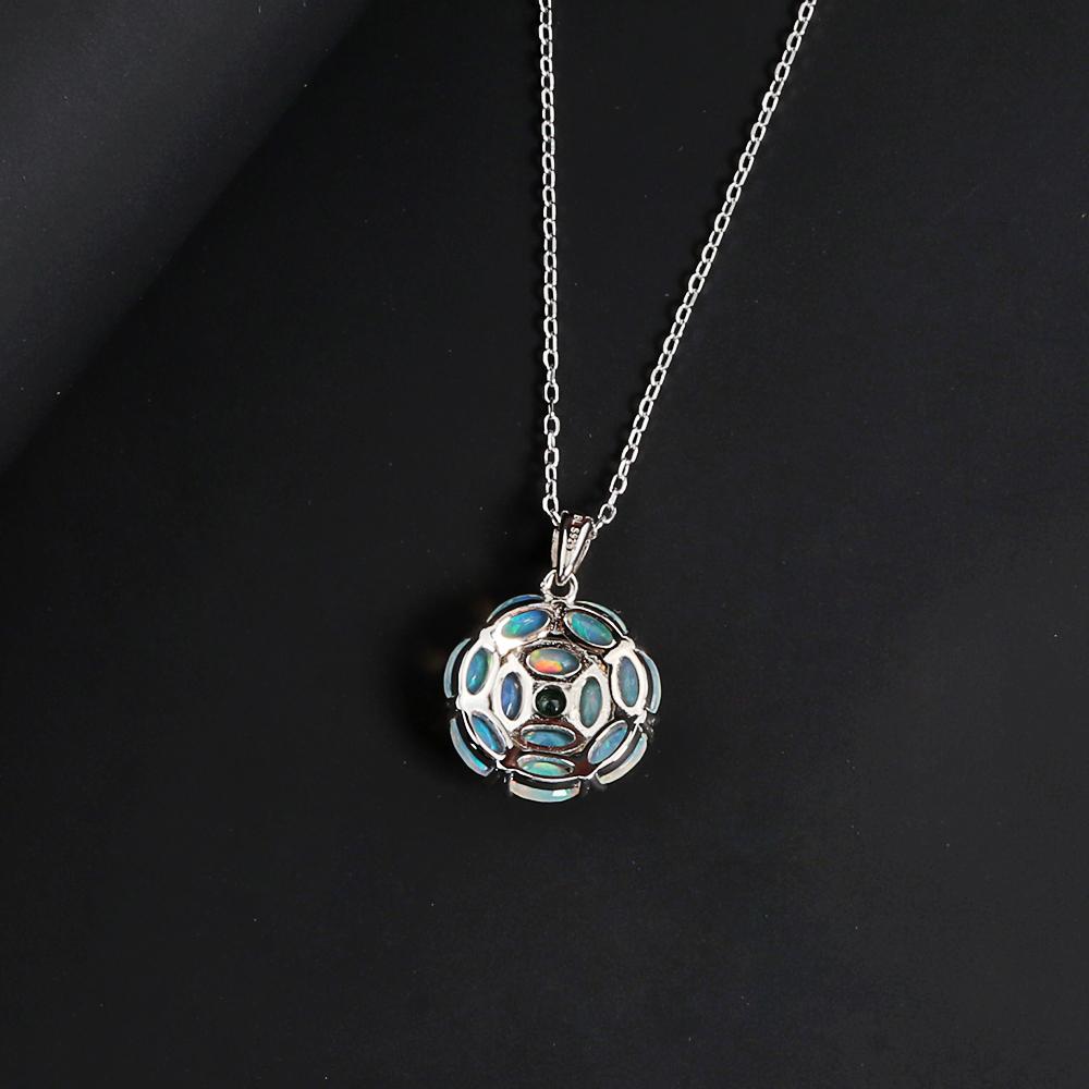 Colorful Natural Opal Gemstone with Green Emerald Pendant Necklace Fine Jewelry 925 Sterling Silver Gift for Women