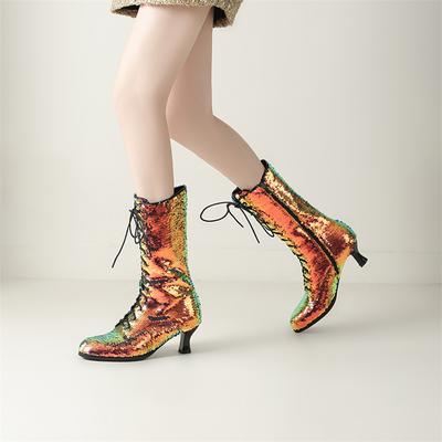 Женские полусапоги до середины икры, круглый носок, толстый высокий каблук, на молнии, шнуровка, блестящие, лаконичные, модная женская обувь, осень-зима 43