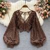 Lace Up Backless Slimming Short Style See Through Hook Flower Lace Shirt Autumn Outfit New Korean Style Stylish Small Shirt Versatile Top for Women