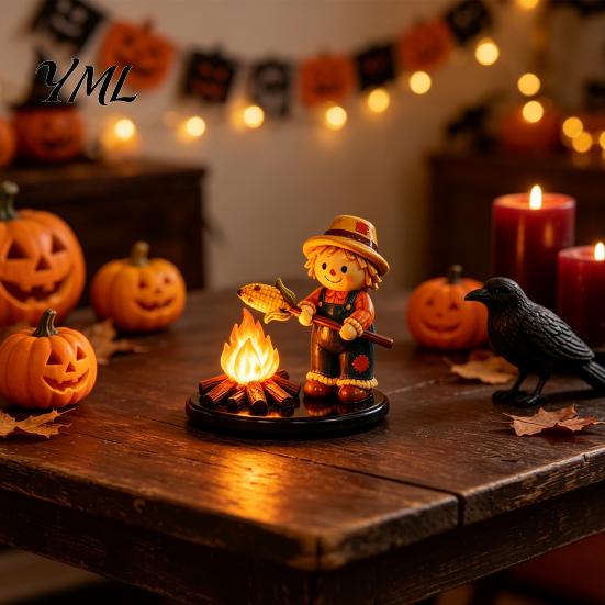 Small Decorative Lamp for Office Halloween Campfire Tealight Holder, Matte Resin Ghost Mummy Scarecrow Figurine, Stable Niche Handmade Art Round Base
