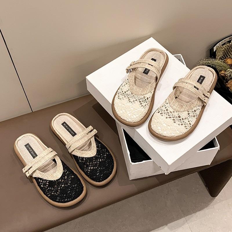 Сетчатое льняное кружево повседневные нескользящие дышащие большого размера этнический стиль льняные кружевные повседневные шлепанцы на плоской подошве женские