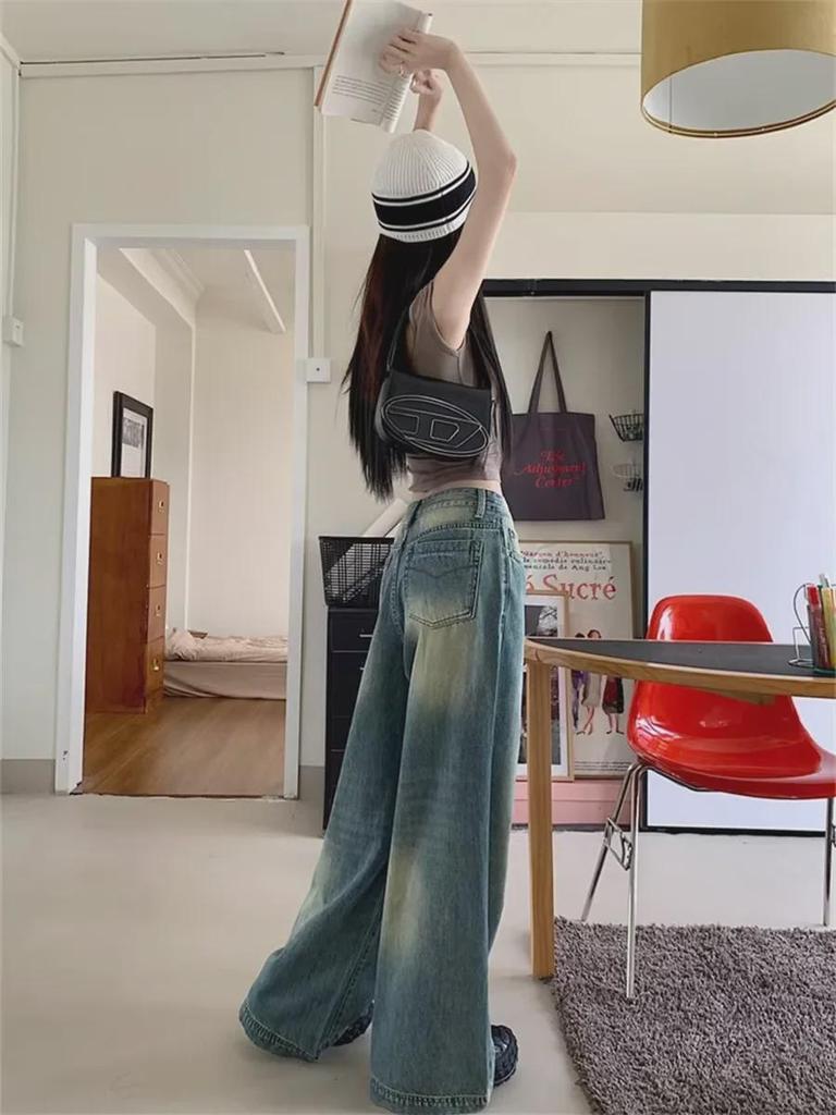Женские джинсы 2024 года в стиле ретро с синими потертостями, широкие — свободные повседневные прямые брюки на весну и лето
