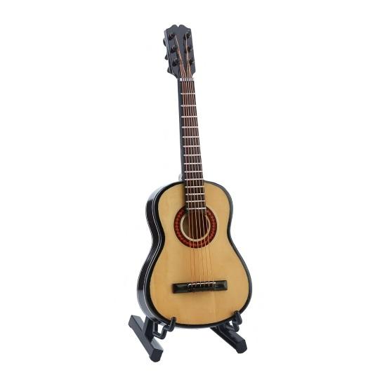 Wooden Mini Guitar Model with Stand Tiny Classical Guitar Figurine Miniature Musical Instrument Ornament Home Office Desktop Decoration