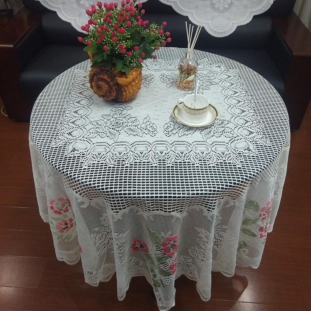 Кружевная скатерть круглая белая В РУЧНОЙ цветочной розовой обложке Элегантный обеденный стол