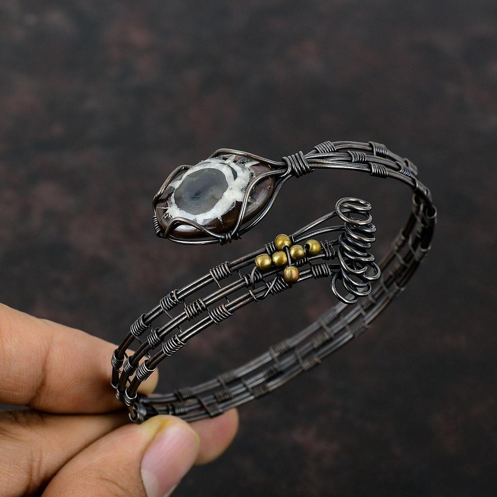 Марокканский браслет-манжета с трещинами в грязи, браслет-манжета из медной проволоки, браслет с драгоценными камнями, браслет ручной работы, регулируемый браслет, медная проволока, ювелирное изделие, подарок для нее