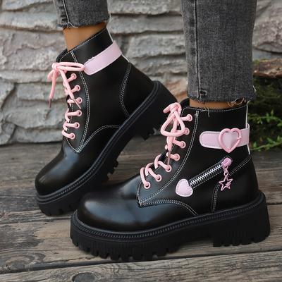 Девочки розовые любовь ботинки Мартина женские 2025 осень толстая подошва британский стиль студенческие короткие ботинки показать маленькие шнуровка одинарные ботинки прилив