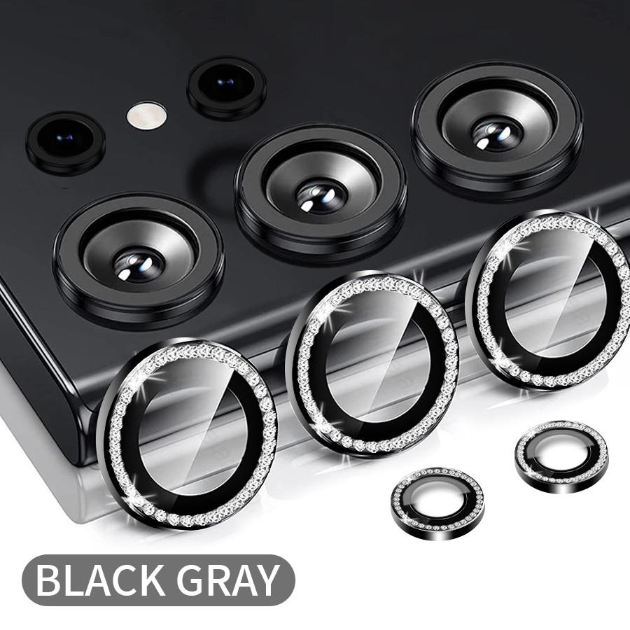 1 Set For Samsung Galaxy S24 S23 Ultra S24 S23 Plus Bling Glitter Diamond Metal Camera Lens Protector Ring with Tempered Glass
