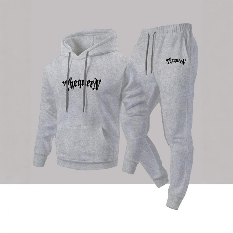 Mens Casual Hooded Sweatshirt Jogger Pants Set Fleece-Lined Letter Print Two-Piece Outfit Fall