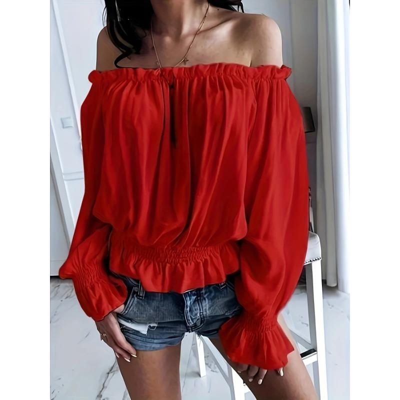 Women's New One Neck Chiffon Shirt Waisted Ruffled Hem Long-sleeved Short Section Summer Sweet Blouse