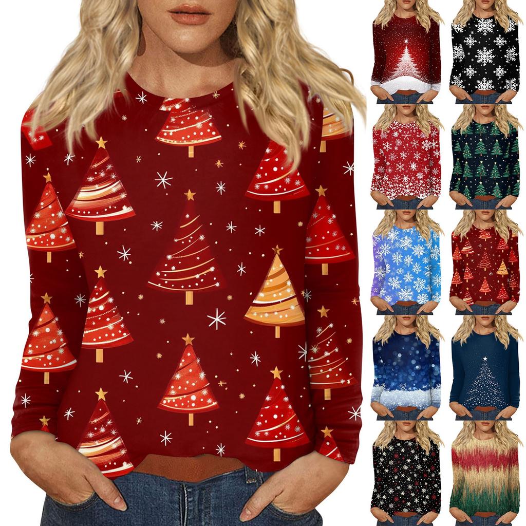 Long Sleeve Shirts For Women Cute Christmas Day Print Graphic Tees Blouses Casual Plus Size Basic Tops Pullover