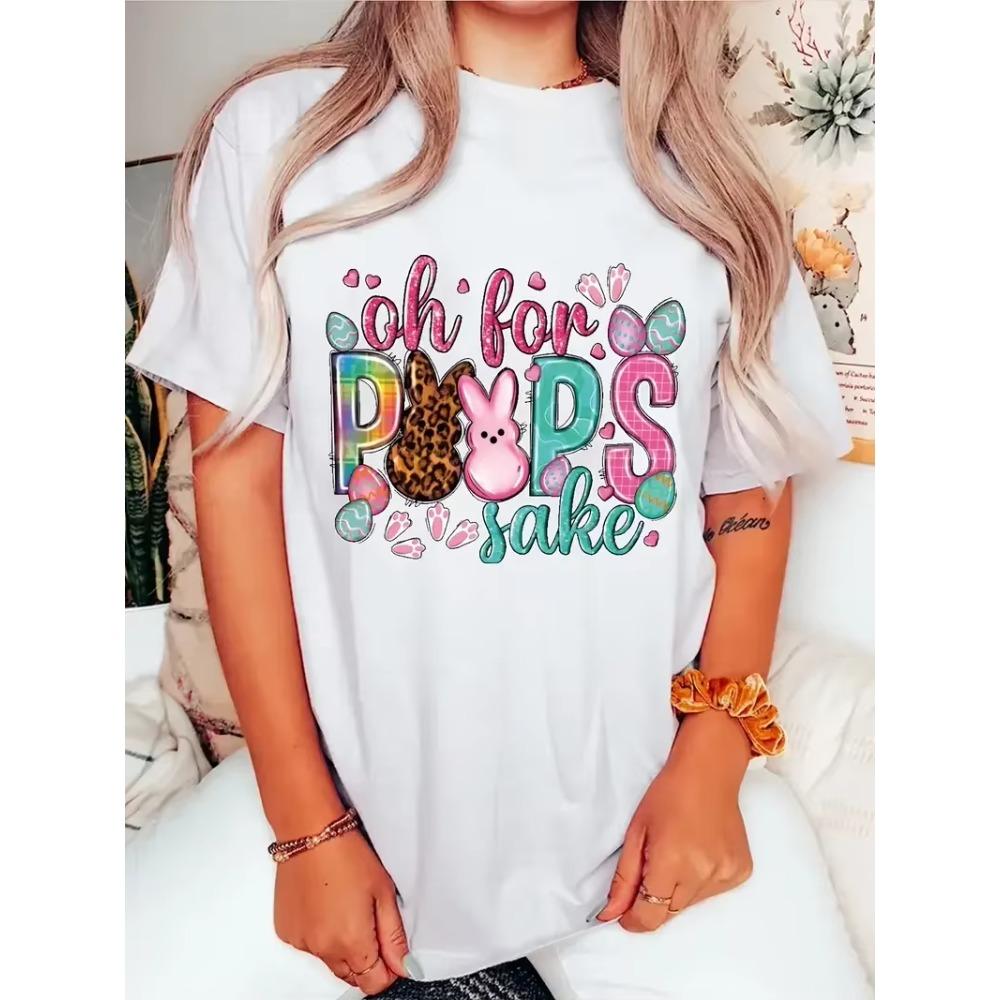 Plus Size Easter Day Casual T-shirt Women's Plus Cartoon & Letter Print Short Sleeve Slight Stretch Tee