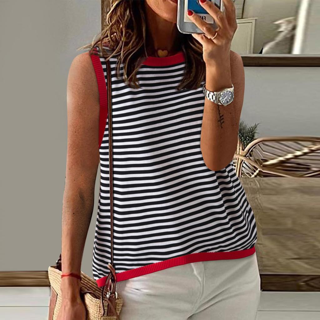 Женские летние топы, повседневная полосатая водолазка с цветными блоками, жилет, свободная рубашка без рукавов с высоким и низким вырезом, блузка