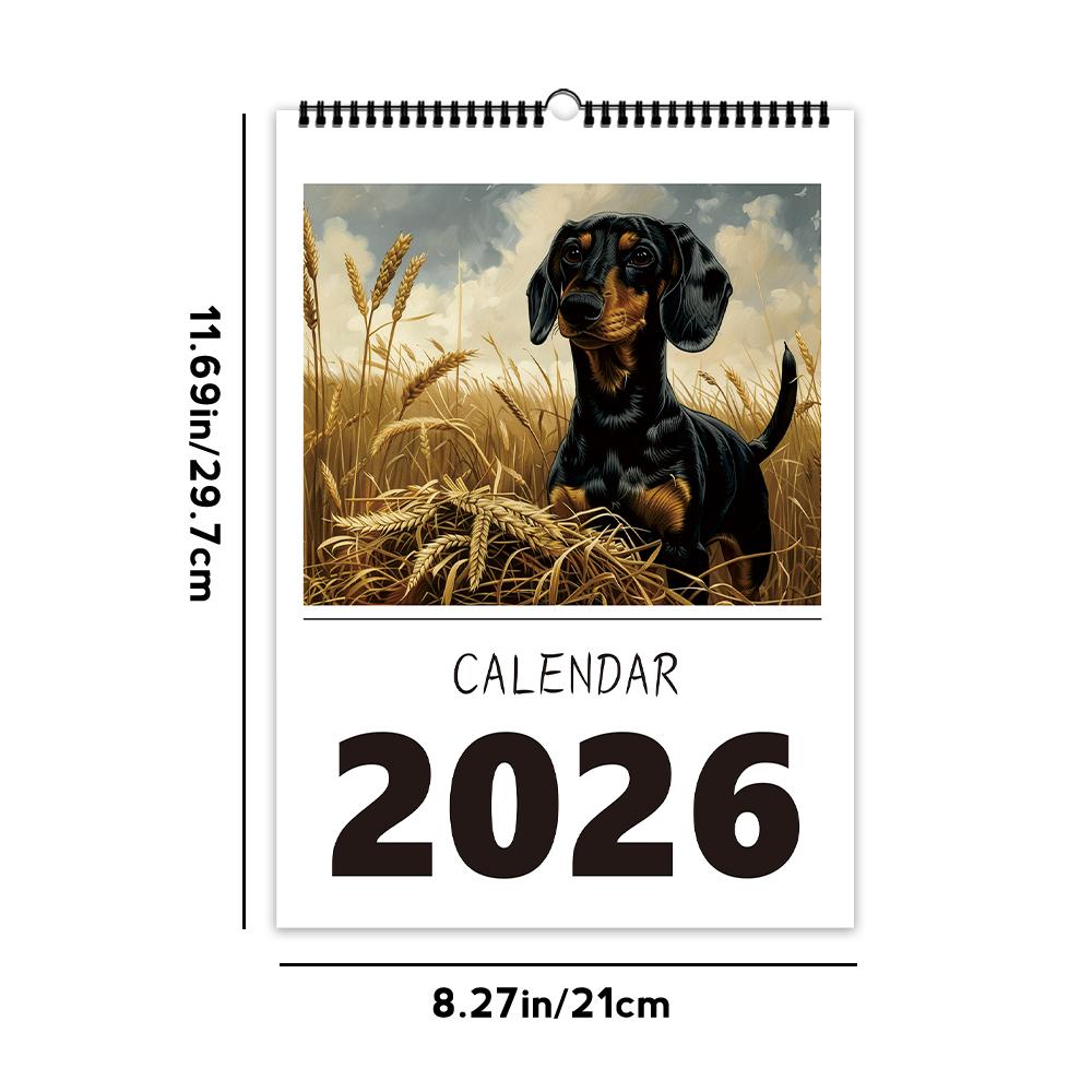 1pc, 2026 Dachshund/Pet Dog Theme Calendar, 12 Different Designs, Wall Calendar, Birthday, Christmas, New Year Gift, US Standard