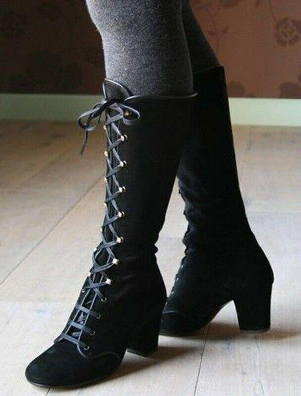 Cloth007Сапоги на блочном каблуке с круглым носком, женские ботинки до середины икры со шнуровкой, ботинки в готическом винтажном стиле