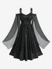 Rosegal Plus Size Floral Lace Panel Lace-up Ruffles Chiffon Textured Split Flare Sleeves A Line Tank Dress