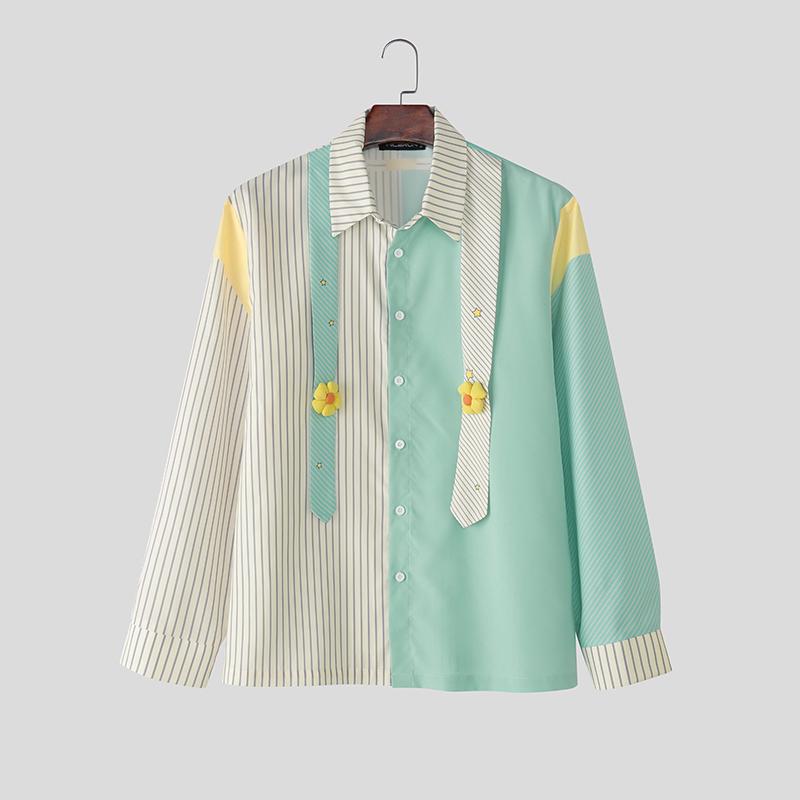 INCERUN Мужские рубашки оверсайз с лацканами, длинными рукавами, полосатые, с 3D цветами, повседневные, свободного кроя