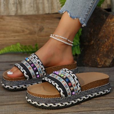Женские богемные сандалии-слайды на плетеной платформе с цветными блоками