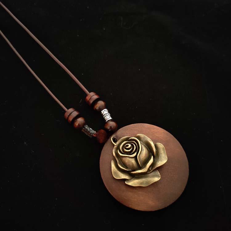 Женское ожерелье из хлопка и льна в этническом стиле из дерева в стиле ретро с кулоном в виде листа из сплава