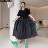Plus Size Women Summer Dress Black Fashion Lady Long Dress Oversize Loose Clothing Casual Cotton Pleated Dress
