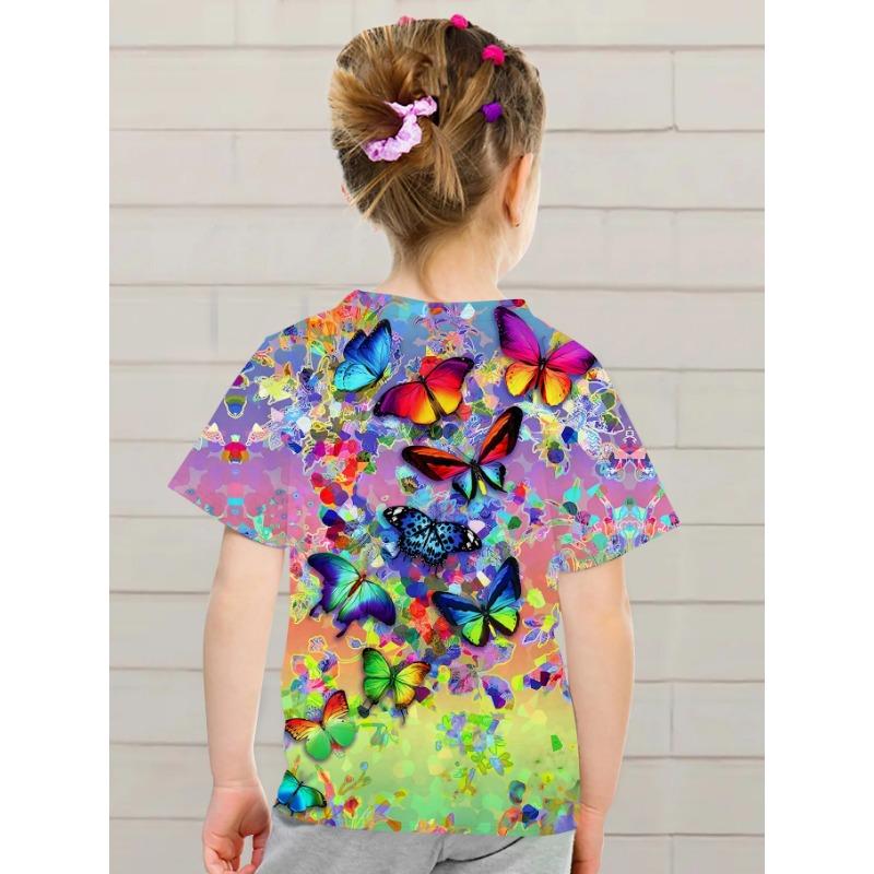 Детская одежда Одежда для девочек Футболка с коротким рукавом для девочек Милая бабочка с принтом Kawaii Круглый вырез для девочек Летняя детская одежда