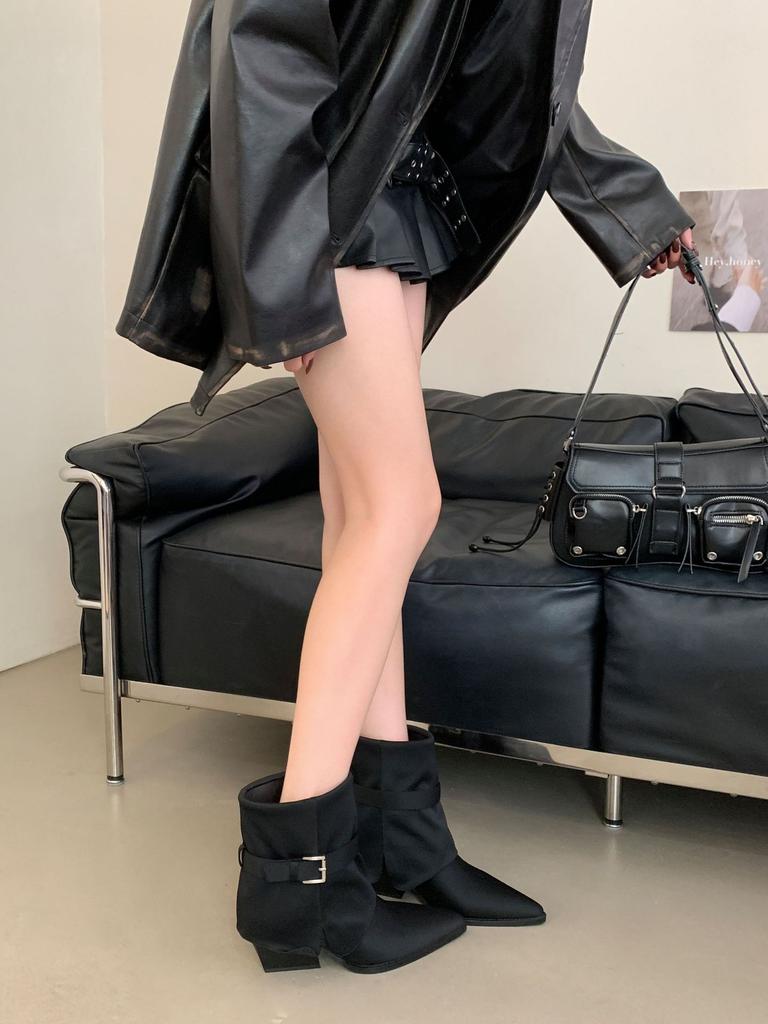 European and American Thick Heel Suede Belt Buckle Trouser Boots French Temperament Pointed Short Boots Women's Boots New In Autumn 2025