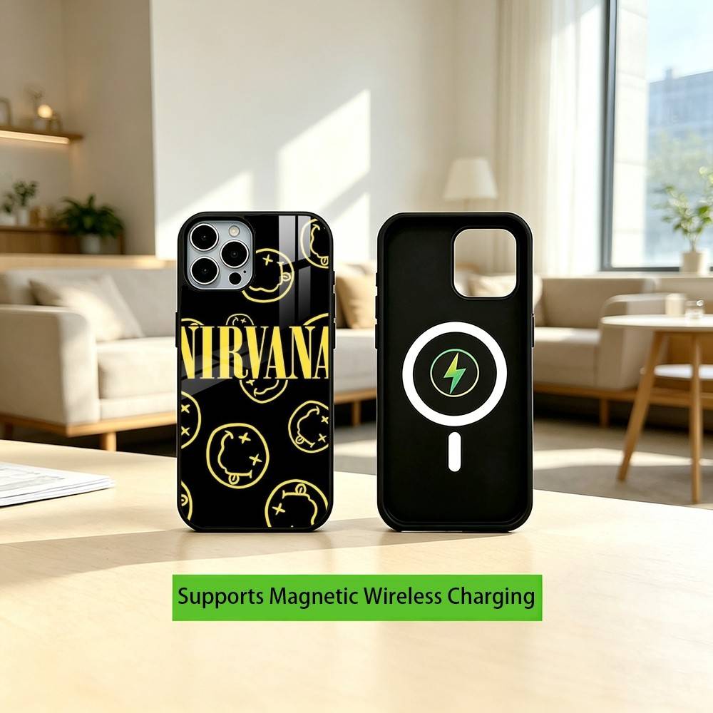 LOGO Nirvana Rock Singer B-Band Gift Phone Case For iPhone17,16,15,14,13,12,11 Plus,Pro Supports Magnetic Wireless Charging
