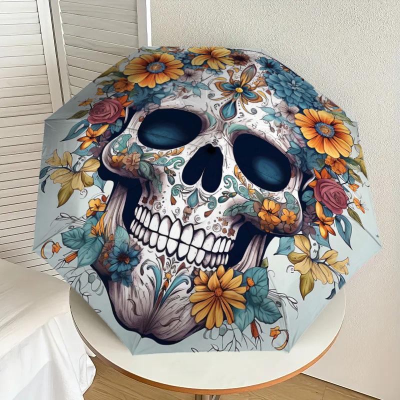 1pc Day of the Dead Floral Skull Umbrella with Plastic Handle,Suitable for All Seasons Home Travel Outdoor UmbrellaDD1574