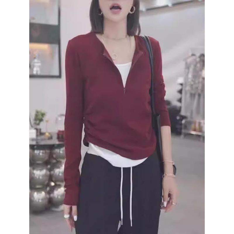 Ретро уникальная футболка с длинным рукавом, имитирующая двухслойную, с невидимой полумолнией, женская осенняя популярная плиссированная тонкая базовая футболка