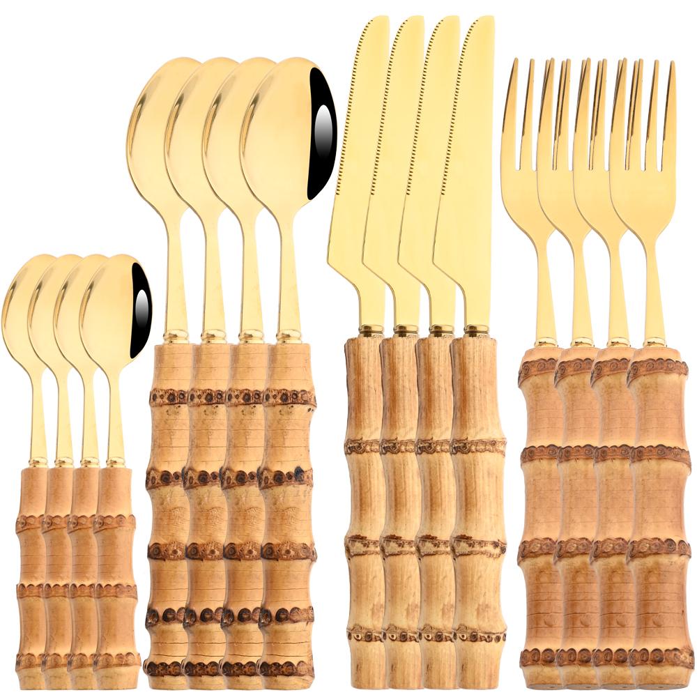 Jankng 16 шт., набор посуды из натурального бамбука, золота, роскошный западный набор посуды, кухонная вилка из нержавеющей стали, ложки, набор столовых приборов