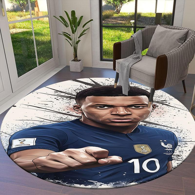 Kylian Mbappe Round Area Rug,Carpet Rug for Living Room Bedroom Sofa Playroom Decor,Non-slip Floor Mat