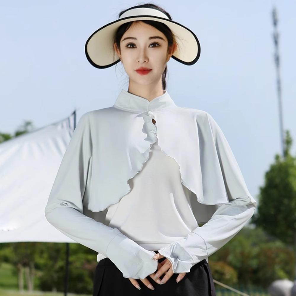 Solid Color Sun Protection Clothing Long Sleeve Ice Silk Cape Long Sleeve Crop Top Sun Protection