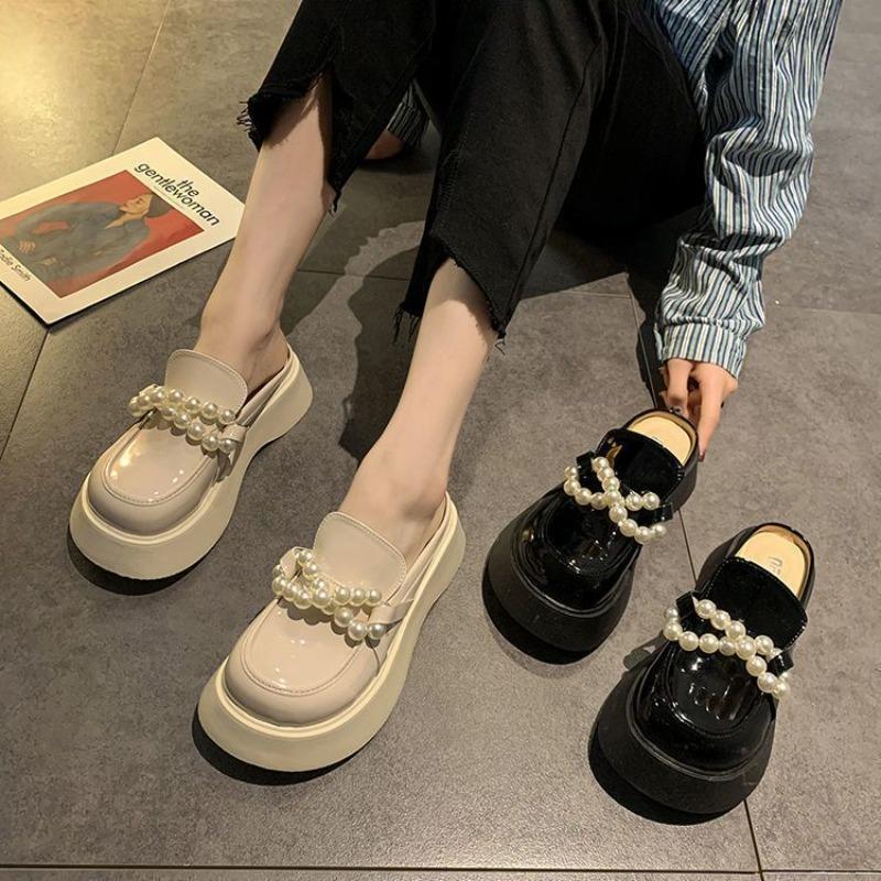 Женские мюли тапочки с круглым носком шлепанцы на платформе туфли для женщин жемчужно-черные шлепанцы H сандалии по акции сандалии высокого качества