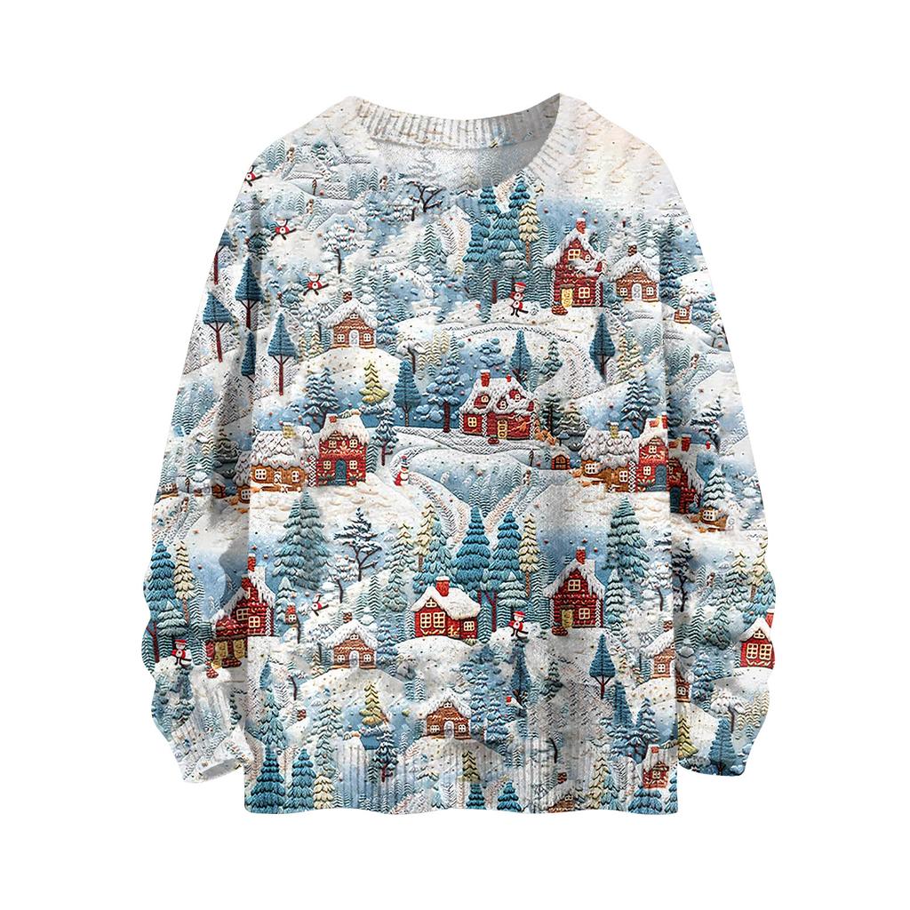 Women's Fashion Casual Long Sleeve Christmas Printed Round Neck Knitted Top